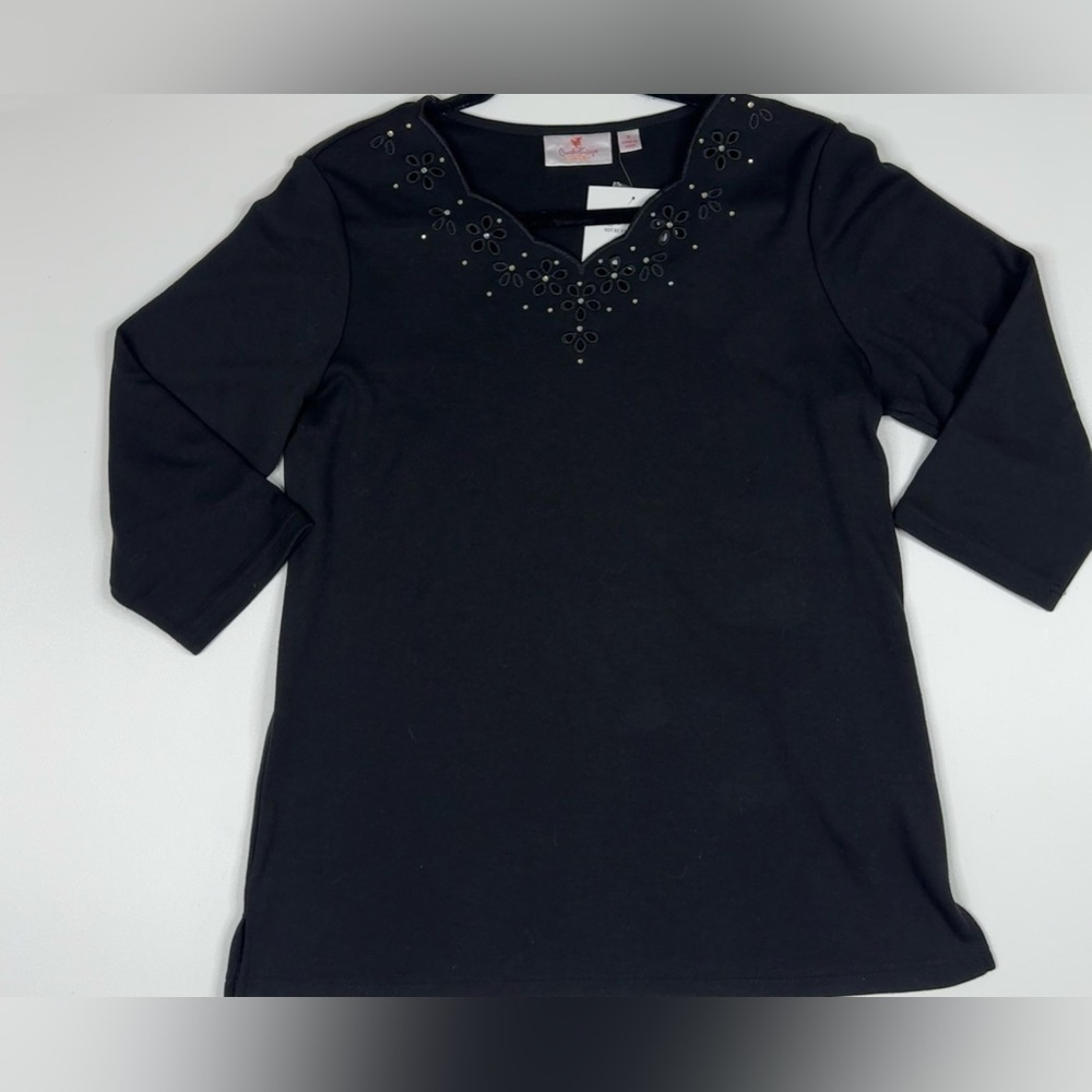 NWT Quacker Factory V Neck 3/4 Sleeve Jersey Knit Blouse Small
